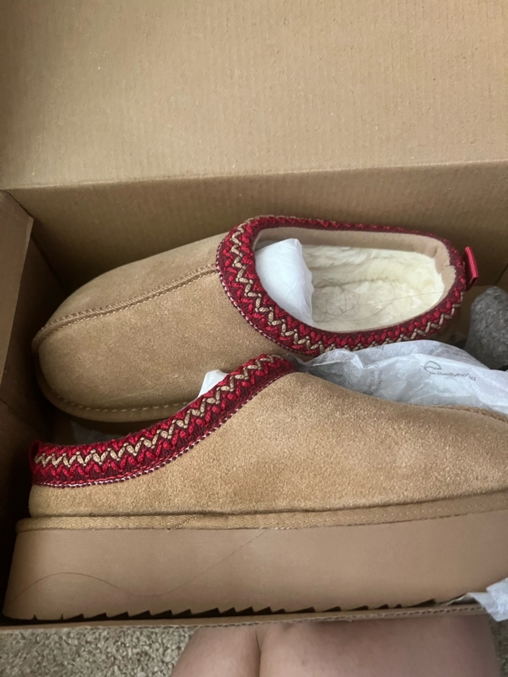 Cozy Tan Platform Slip-On Shoes with Red Trim